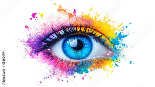 Multicolored eye with Holi paint explosion with bright colors isolated on white background