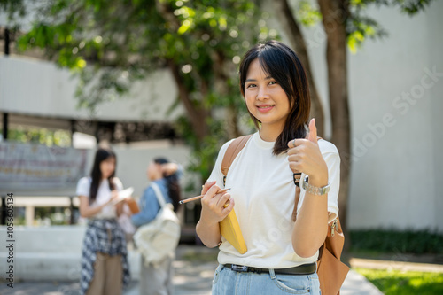 A female college student stands in her college park, smiling and giving a thumbs-up to the camera.