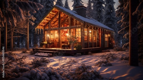 Cozy Cabin in a Snowy Forest