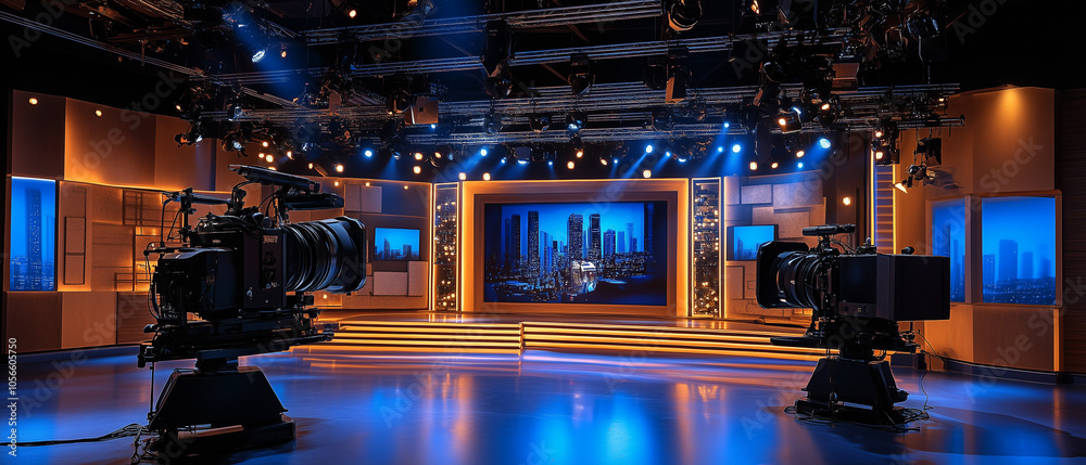 Television Studio Set with Cameras and Cityscape Background. Television Studio Set with Cameras and Cityscape Background.