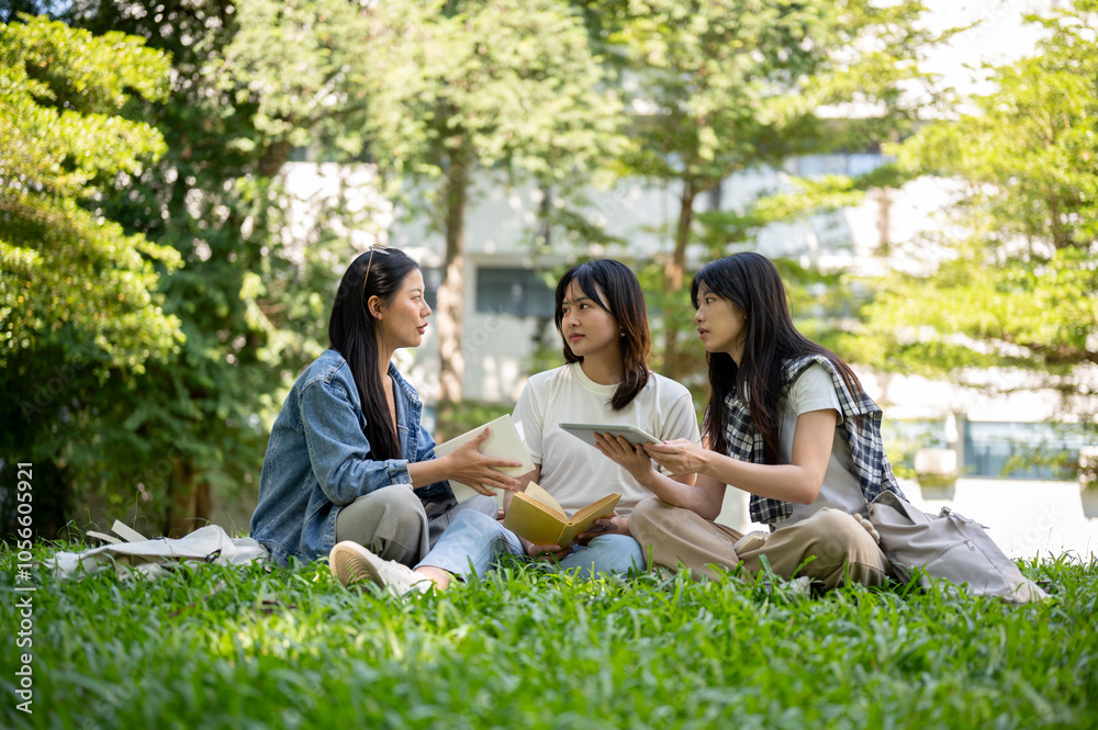 A group of college students sits on the grass in their college campus park, having a conversation.