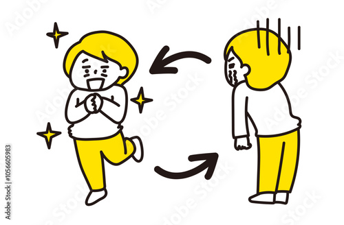 嬉しさと悲しみの表情を、コロコロと交互に入れ替える人（2色）