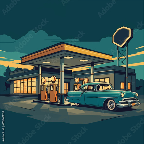 Car gas station in retro style. Classic car with gas station. EPS version.