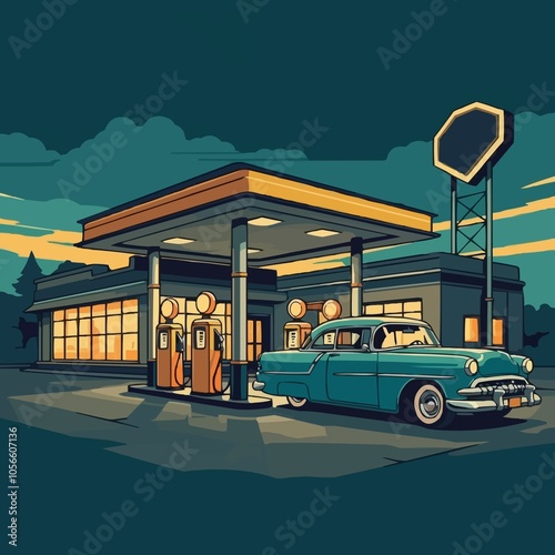 Car gas station in retro style. Classic car with gas station. JPEG version.