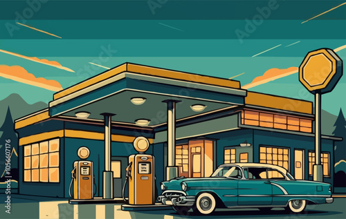 Car gas station in retro style. Classic car with gas station. EPS version.