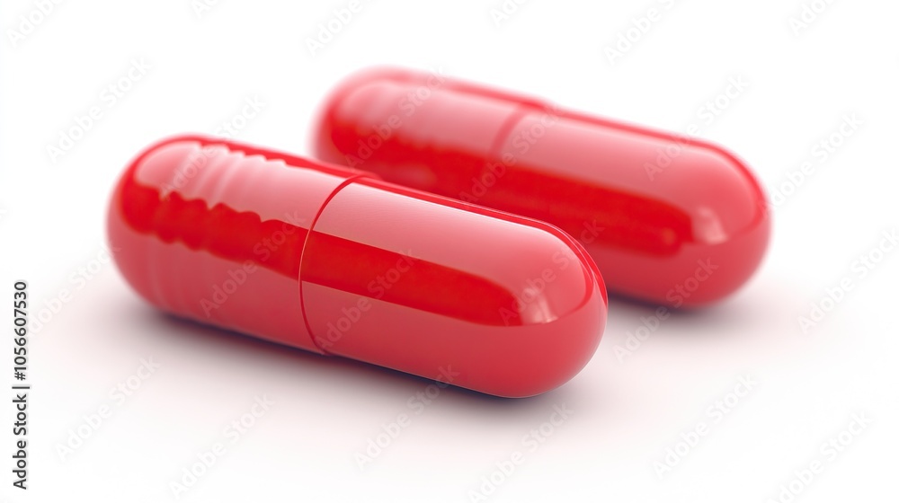 Two shiny red capsules are displayed against a white background, highlighting their smooth surface and distinct oval shape. Two shiny red capsules are displayed against a white background, highlighting their smooth surface and distinct oval shape.