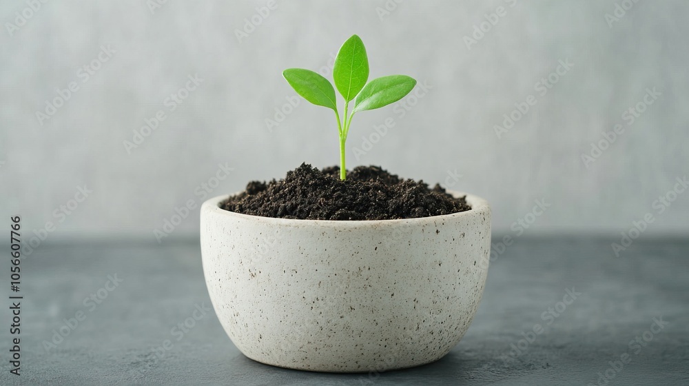 A small green plant with two leaves emerges from dark soil in a simple, speckled pot, symbolizing growth and new beginnings.