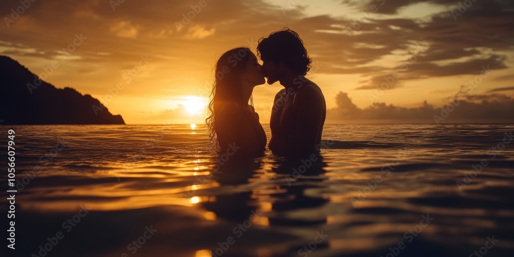 Fototapeta premium Silhouettes of a couple kissing in the ocean at sunset.