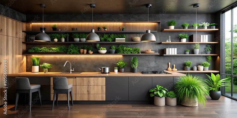 Fototapeta premium Chic kitchen featuring black walls, wooden shelves, lush green plants, and a sleek countertop, offering elegant design inspiration for a modern home aesthetic.