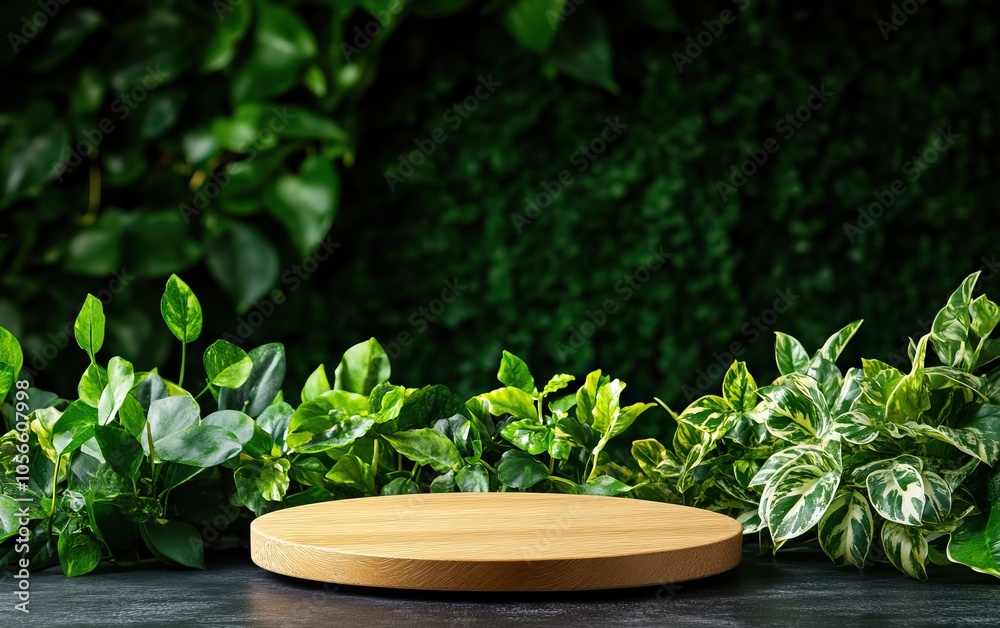 A minimalist display featuring a round wooden pedestal surrounded by vibrant green foliage against a dark background.