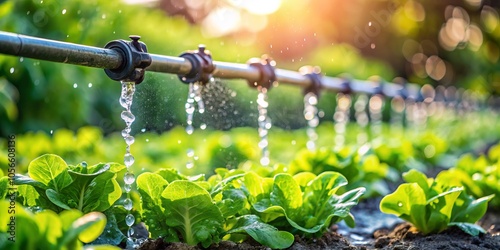 Close-up of an efficient drip irrigation system in a vibrant salad garden, highlighting sustainable agriculture and water conservation methods for effective gardening practices. photo