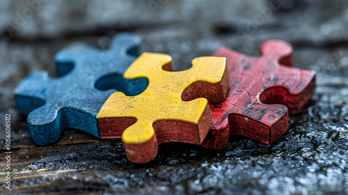 three interlocking puzzle pieces in yellow, blue, and red symbolizing unity and diversity