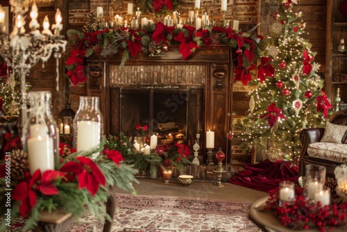 A cozy living room with a fireplace and a Christmas tree