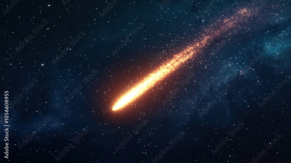 A stunning comet streaks through the cosmos, leaving a trail of glowing particles against a deep space backdrop. A stunning comet streaks through the cosmos, leaving a trail of glowing particles against a deep space backdrop.