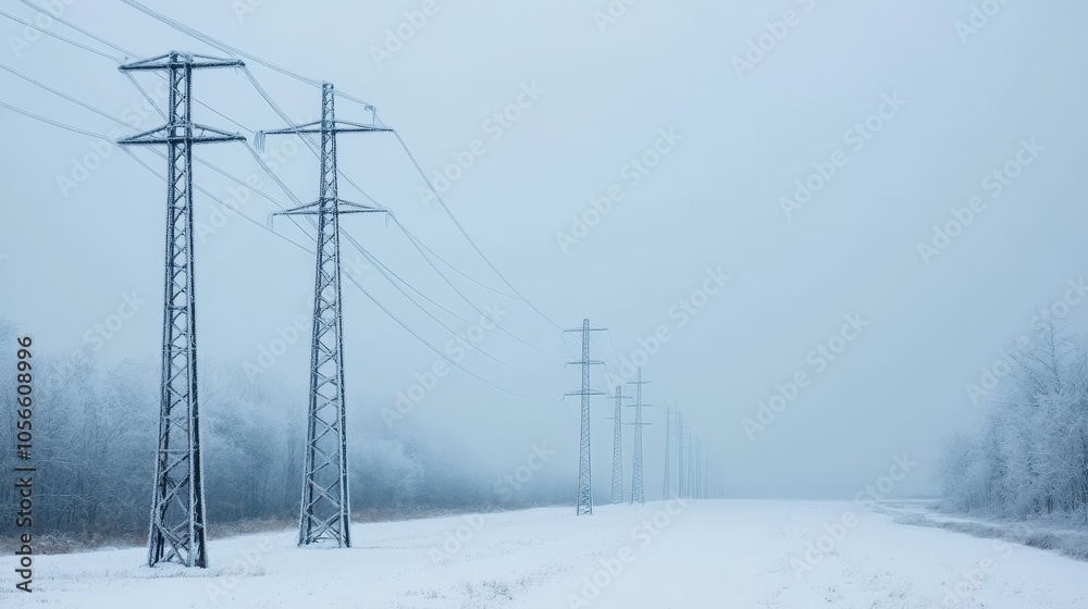 A serene winter landscape featuring power lines disappearing into a snowy, foggy background, evoking a sense of tranquility. A serene winter landscape featuring power lines disappearing into a snowy, foggy background, evoking a sense of tranquility.