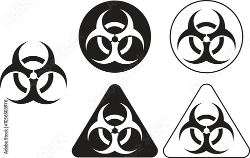 Biohazard flat icons set. Warning signs for hazardous material, safety precaution. Risk of radioactivity, nuclear and toxic sign. Chemical warning triangular vector isolated on transparent background.