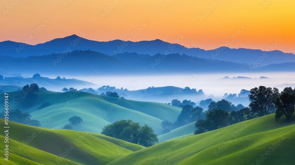 Fototapeta premium Breathtaking landscape showcasing rolling hills at sunrise, enveloped in mist, with vibrant colors illuminating the natural beauty.