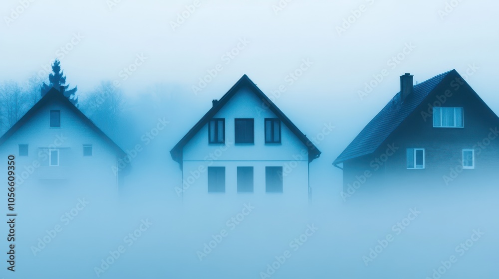 Mysterious houses shrouded in thick fog create an atmospheric scene of tranquility and solitude in a serene landscape. Mysterious houses shrouded in thick fog create an atmospheric scene of tranquility and solitude in a serene landscape.