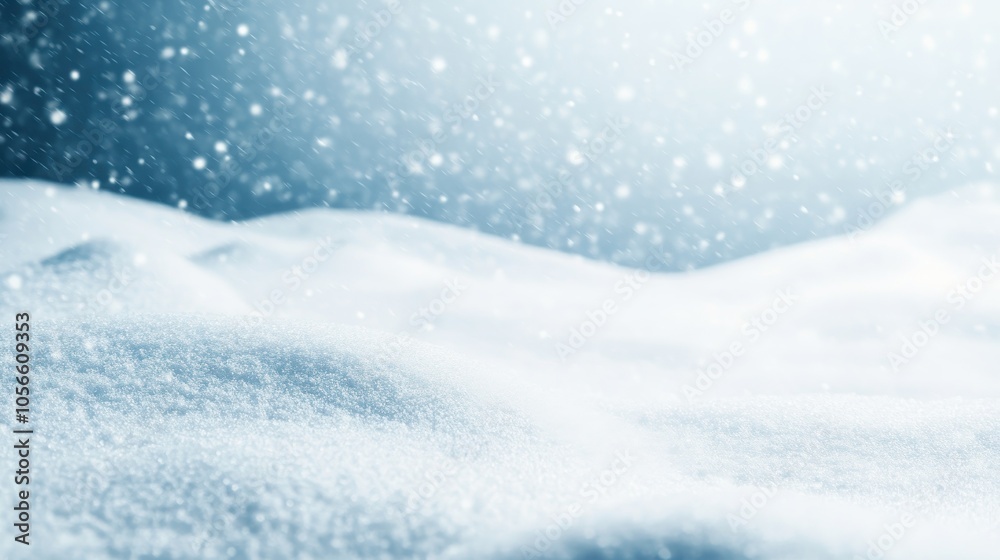 Scenic winter landscape featuring gentle snowflakes falling softly on a smooth, pristine blanket of snow. Scenic winter landscape featuring gentle snowflakes falling softly on a smooth, pristine blanket of snow.