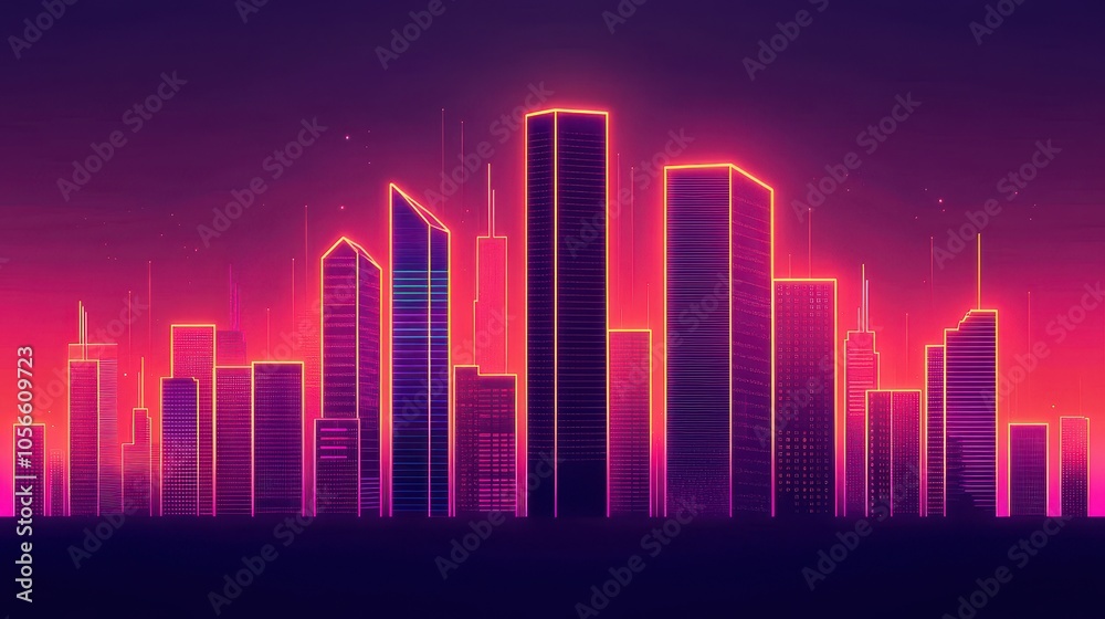 Vibrant neon skyline at dusk, showcasing illuminated buildings with a stunning purple and pink gradient background. Vibrant neon skyline at dusk, showcasing illuminated buildings with a stunning purple and pink gradient background.