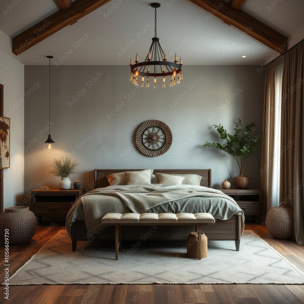 Rustic boho interior design of modern bedroom luxurious furnished ...