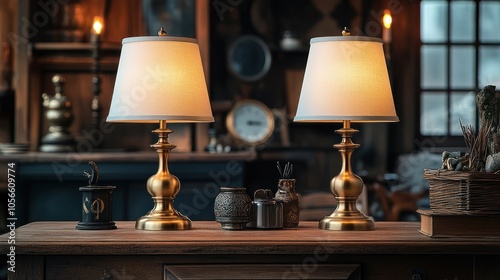 Two antique brass table lamps with white shades on a rustic wooden table.