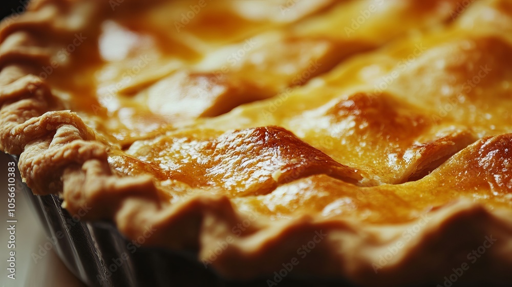 Close-up of a pie's flaky crust with a warm, golden hue. Close-up of a pie's flaky crust with a warm, golden hue.