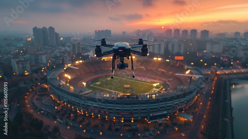 Drone Flying Over Stadium at Sunset