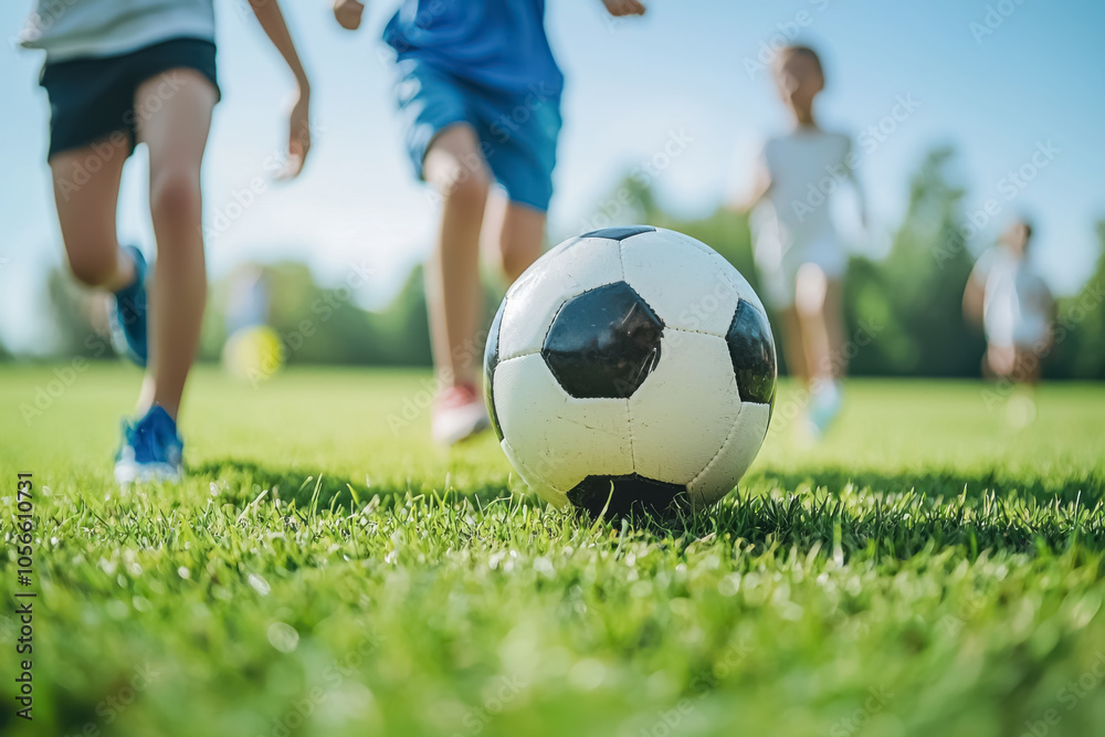 Kids Playing Soccer Outdoors on a Sunny Day. A close-up shot of children running towards a soccer ball on a green field, capturing youthful energy and excitement.
Kids Playing Soccer Outdoors on a Sunny Day. A close-up shot of children running towards a soccer ball on a green field, capturing youthful energy and excitement.