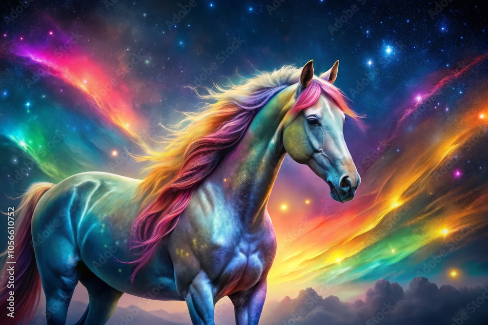 Majestic horse glimmers under a starlit sky, embodying ethereal beauty in a vibrant, magical landscape. An enchanting scene of wildlife that captures nature's serenity and dreamlike essence. Majestic horse glimmers under a starlit sky, embodying ethereal beauty in a vibrant, magical landscape. An enchanting scene of wildlife that captures nature's serenity and dreamlike essence.
