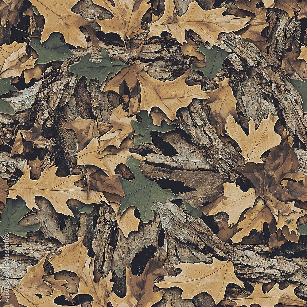 Maple Tree Leaves Autumn Foliage and Tree Bark Hunting Camouflage, Seamless Camo Pattern Maple Tree Leaves Autumn Foliage and Tree Bark Hunting Camouflage, Seamless Camo Pattern
