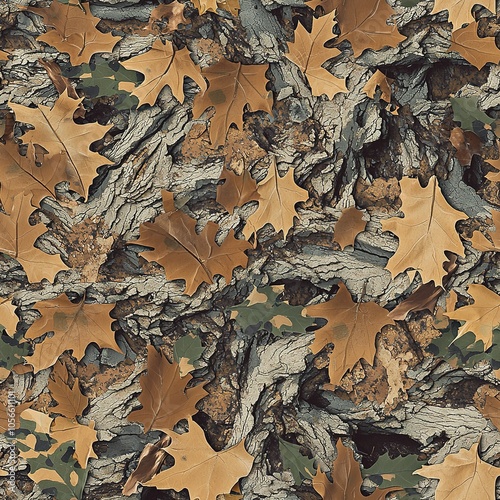 Maple Tree Leaves Autumn Foliage and Tree Bark Hunting Camouflage, Seamless Camo Pattern photo