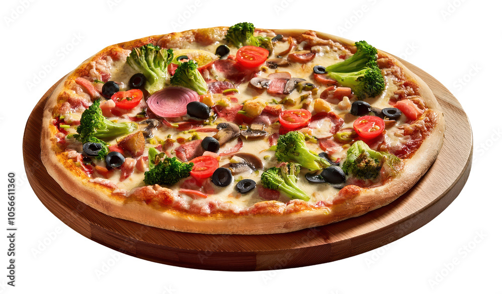 Delicious pizza topped with vegetables, cheese, and meats on a wooden board. Delicious pizza topped with vegetables, cheese, and meats on a wooden board.
