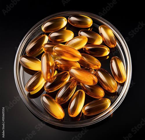 fish oil supplement capsules isolated on black background photo