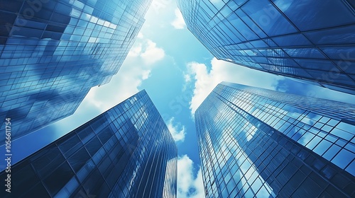 Tall, glass buldings rise up towards a partly cloudy blue sky.