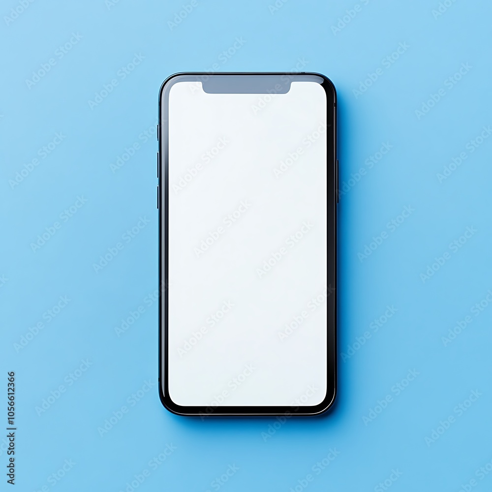 A black smartphone with a blank white screen, on a bright blue surface.
A black smartphone with a blank white screen, on a bright blue surface.