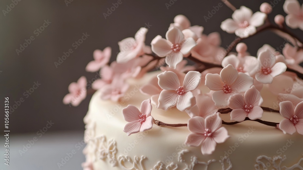 Obraz premium A white cake adorned with delicate pink floral decorations