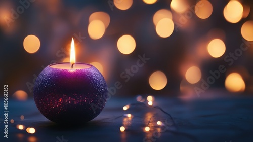 Candle with a glowing flame inside a purple orb set against a dark blurred backdrop adorned with bokeh lights evoking a festive holiday atmosphere and a serene prayer theme