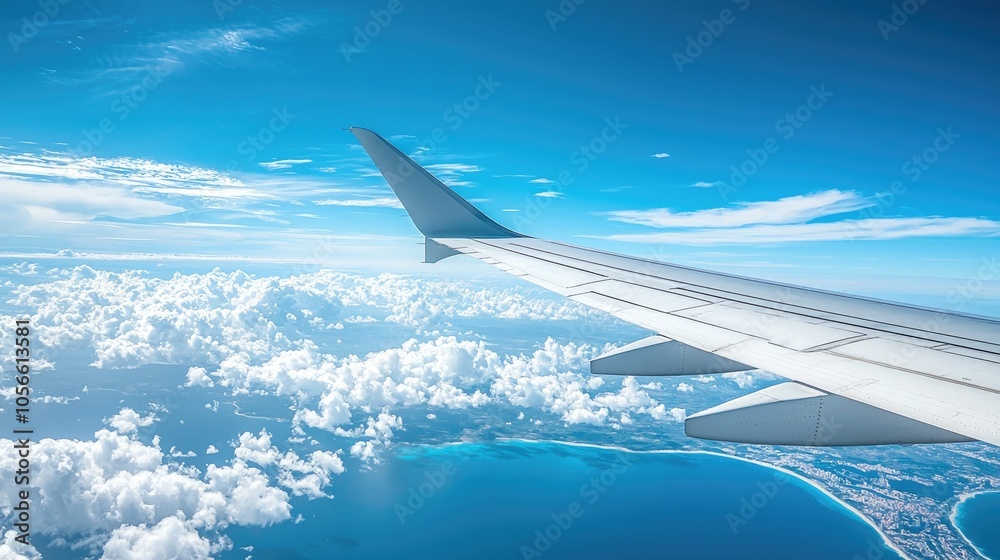 Obraz premium Plane Wing With Blue Sky Mainland And Clouds In The Background