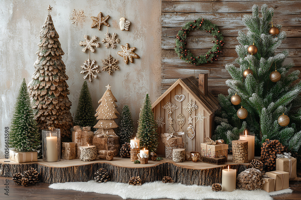 Fototapeta premium 3D Christmas setup with gingerbread, pine, and holiday decor on rustic wood