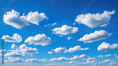 Vast blue sky adorned with small white cumulus clouds High resolution image capturing a serene atmosphere