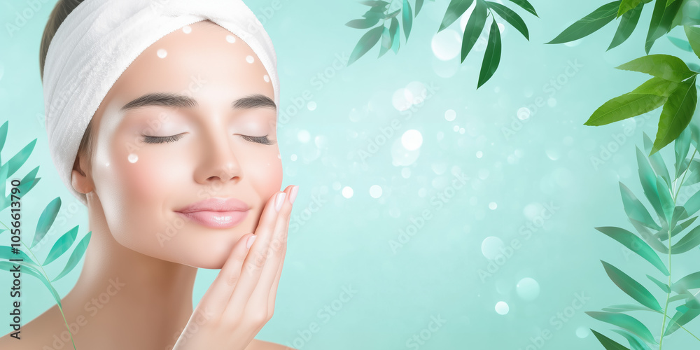 Skincare Concept of Woman Using Vitamin E Serum with Holographic Botanical Extracts Emphasizing Skin Hydration and Moisture Skincare Concept of Woman Using Vitamin E Serum with Holographic Botanical Extracts Emphasizing Skin Hydration and Moisture