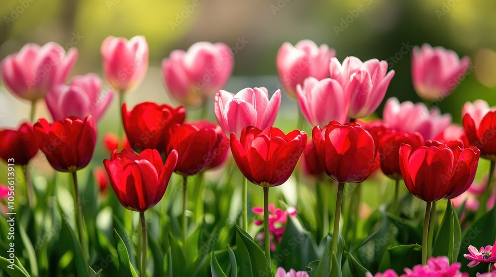 Bright Flower Bed Filled with Red and Pink Blossoms Bright Flower Bed Filled with Red and Pink Blossoms