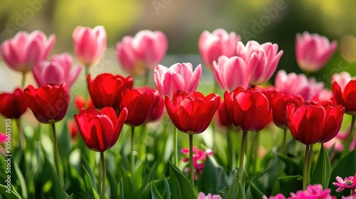 Bright Flower Bed Filled with Red and Pink Blossoms