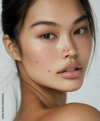 close up portrait of young Asian woman showcasing natural skin texture and beauty, emphasizing fresh and radiant look. image highlights importance of skincare and self confidence