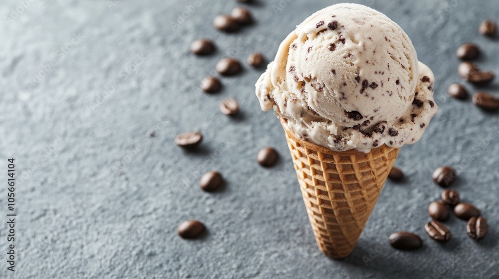 Homemade coffee ice cream served in a waffle cone against a gray stone surface A healthy summer treat with ample space for text Homemade coffee ice cream served in a waffle cone against a gray stone surface A healthy summer treat with ample space for text