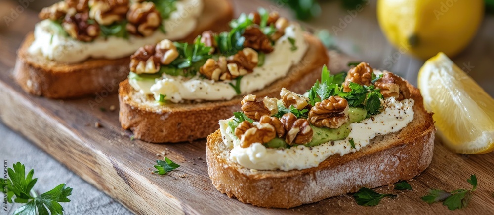 Avocado Goats Cheese And Roasted Walnuts On Toasted Bread Served On Wooden Cutting Board With Parsley And Lemon Wedge Healthy Snack Close Up View Toned Image Avocado Goats Cheese And Roasted Walnuts On Toasted Bread Served On Wooden Cutting Board With Parsley And Lemon Wedge Healthy Snack Close Up View Toned Image