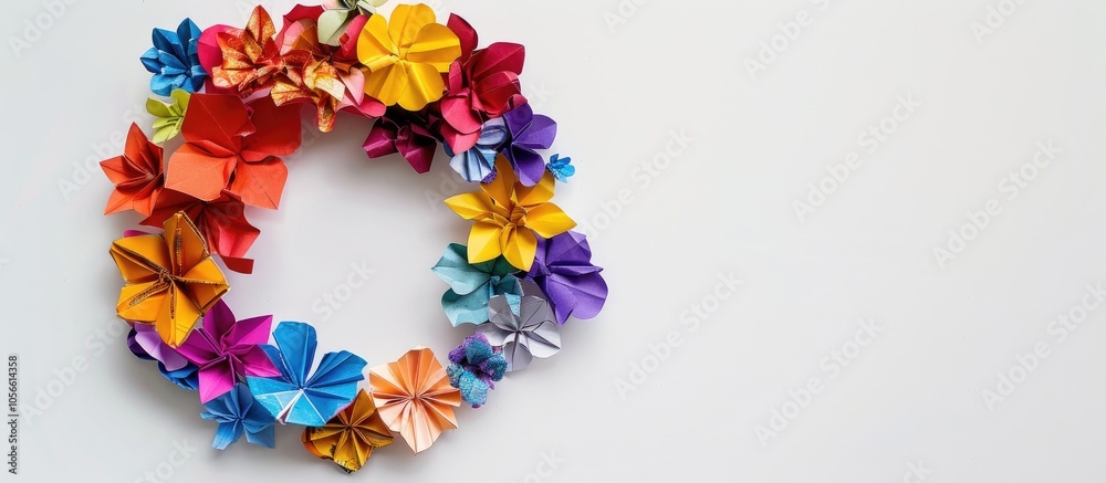 Wildlife And Nature Holiday Or Change In Season Concept Paper Origami Isolated On White Background Of A Mulit Colored Floral Wreath Made With Flowers With Copy Space Simple Starter Craft For Kids Wildlife And Nature Holiday Or Change In Season Concept Paper Origami Isolated On White Background Of A Mulit Colored Floral Wreath Made With Flowers With Copy Space Simple Starter Craft For Kids