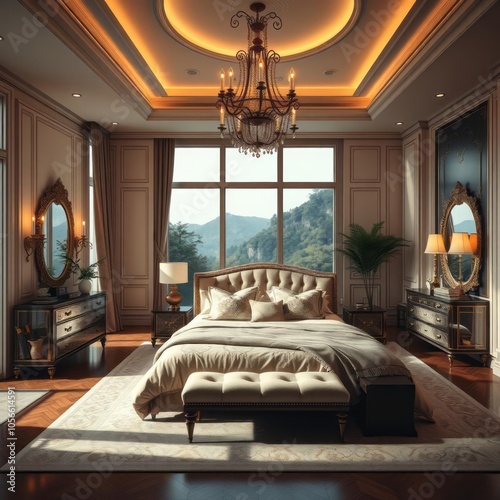 Luxurious master bedroom with elegant decor and a kingsized bed master bedroom  photo