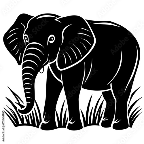 Elephant standing in a grassy field uses a thick silhouette on a white background